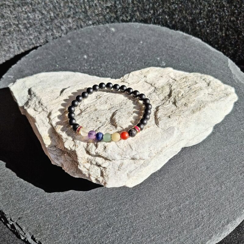 Bracelet 7 Chakras Onyx mat avec 925 Doré Rose