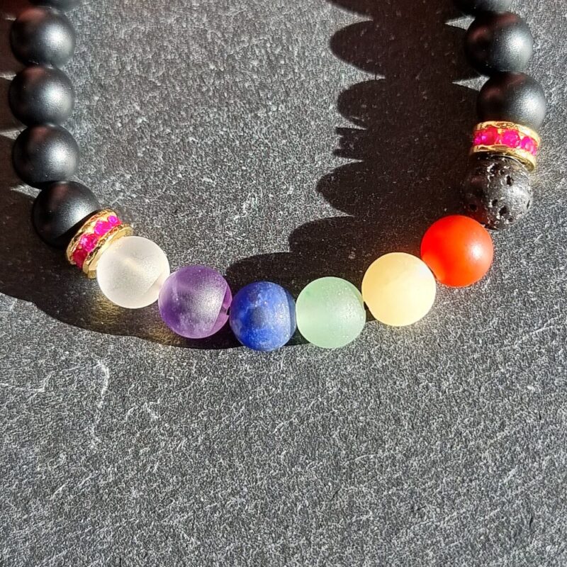 Bracelet 7 Chakras Onyx mat avec 925 Doré