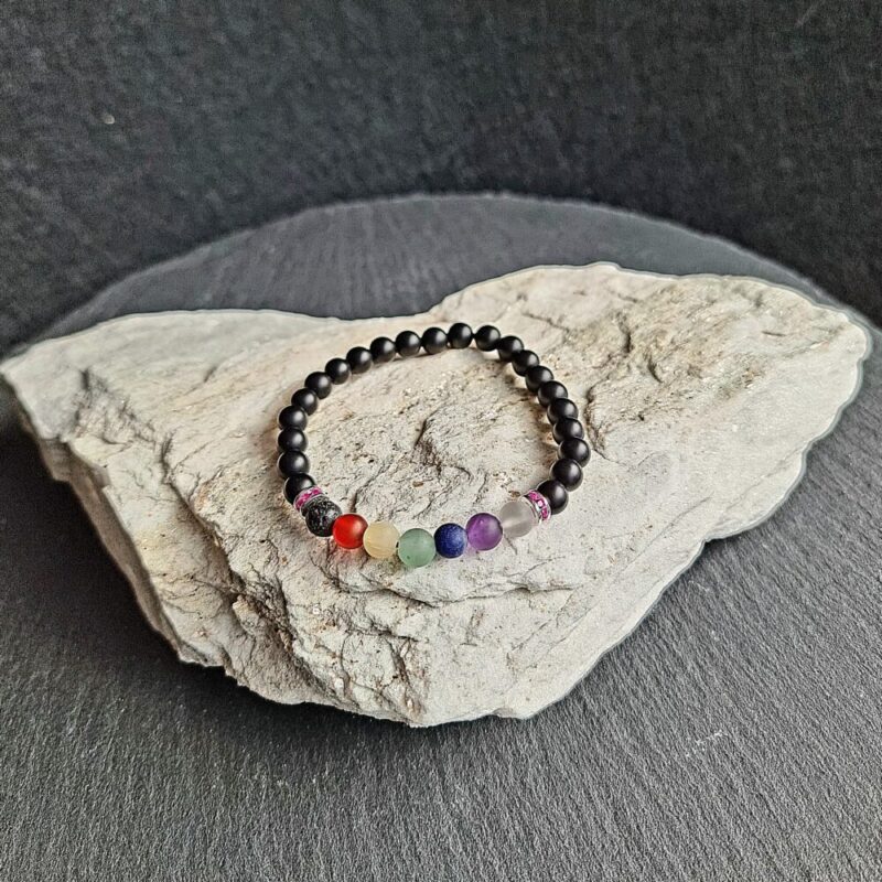 Bracelet 7 Chakras Onyx mat avec 925 Argenté Rose