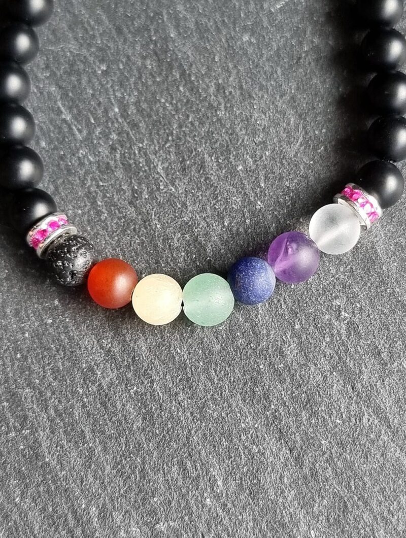 Bracelet 7 Chakras Onyx mat avec 925 Argent