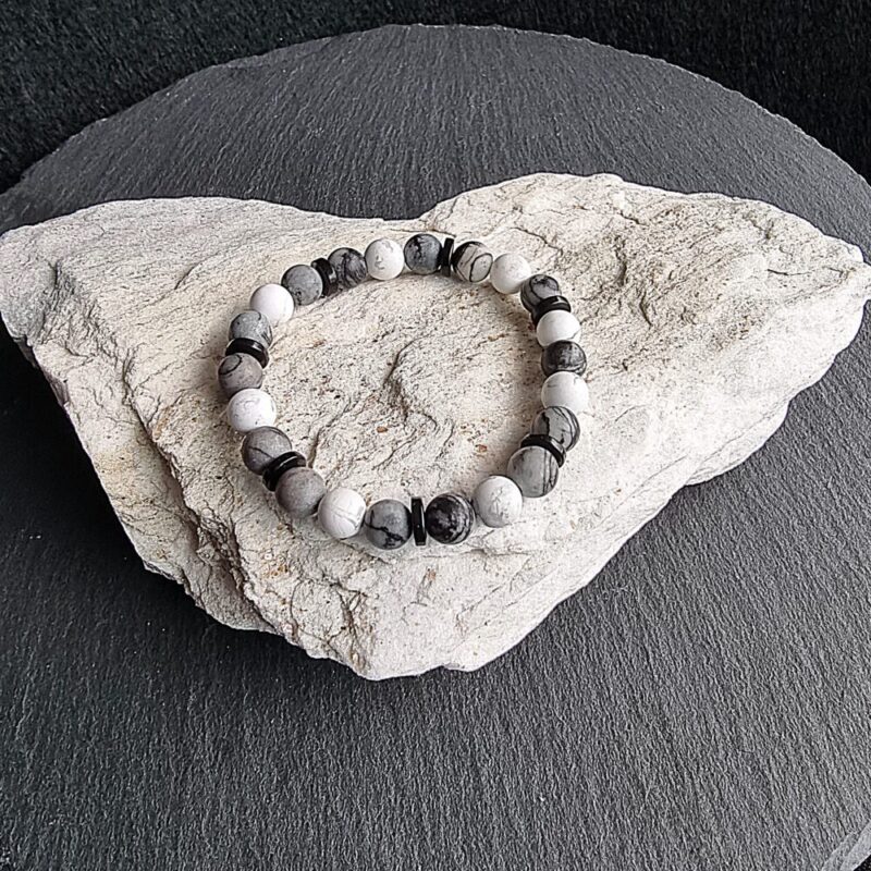 Bracciale di howlite con diaspro di Picasso e perline di cocco opaco