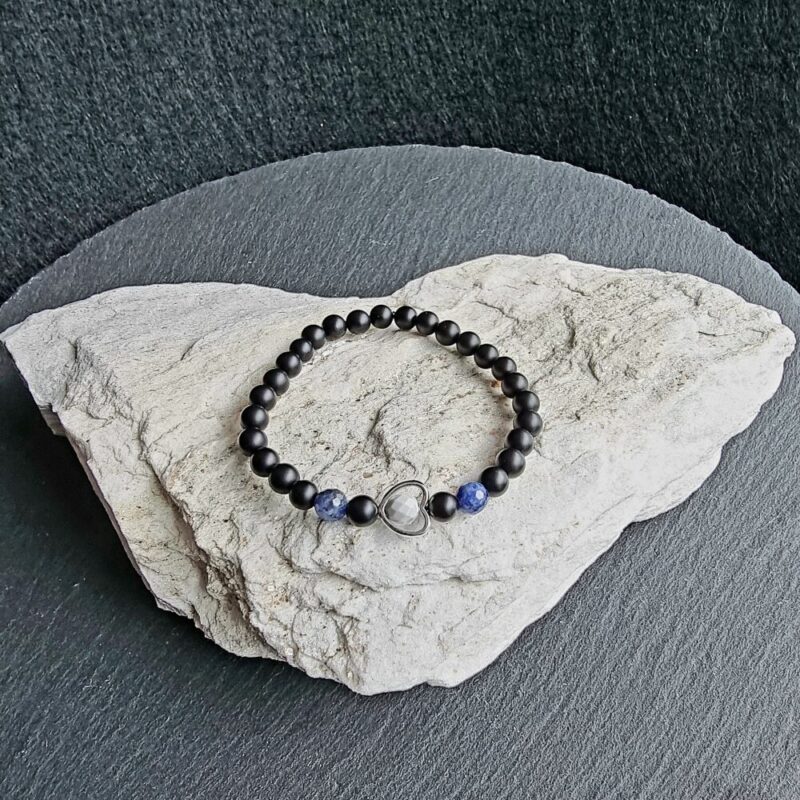 Bracelet Onyx matte with Howlite-Sodalite faceted Brilliant and heart 925 silver