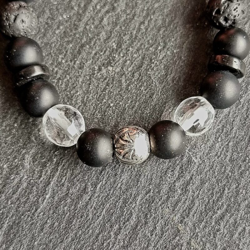 Bracelet Onyx matte with Brilliant faceted Rock Crystal and Lava Stone 925 silver