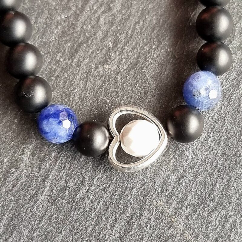 Bracelet Onyx matte with Howlite-Sodalite faceted Brilliant and heart 925 silver