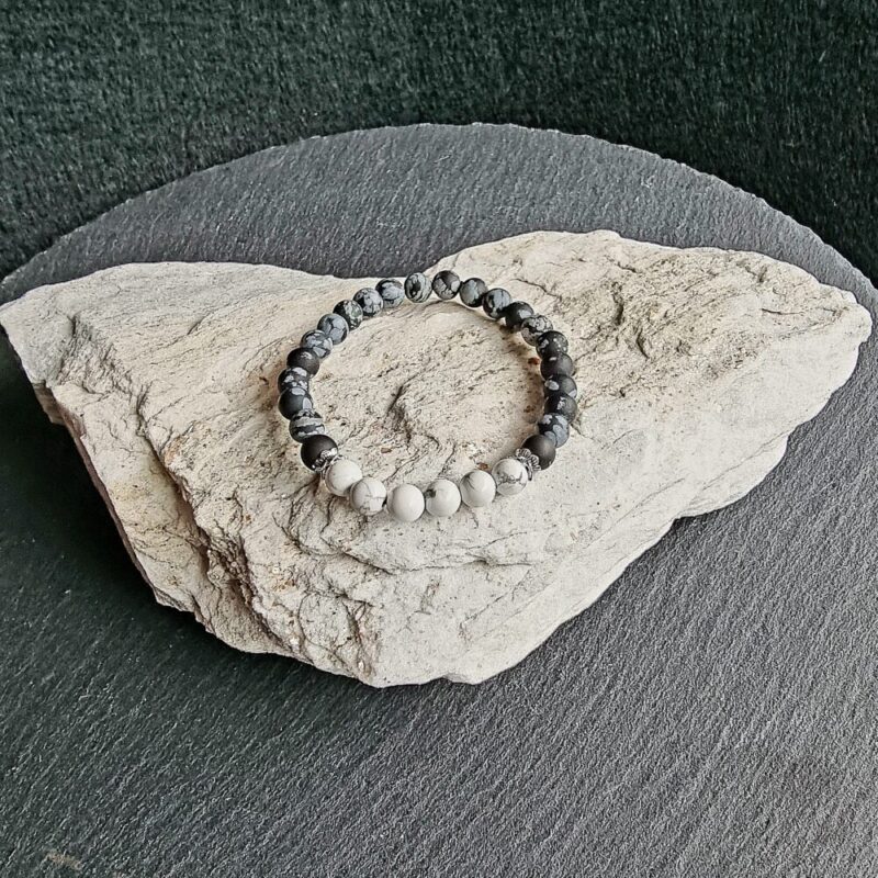 Armband Obsidian Schneeflocke matt mit Howlit Glänzend 925 Silber