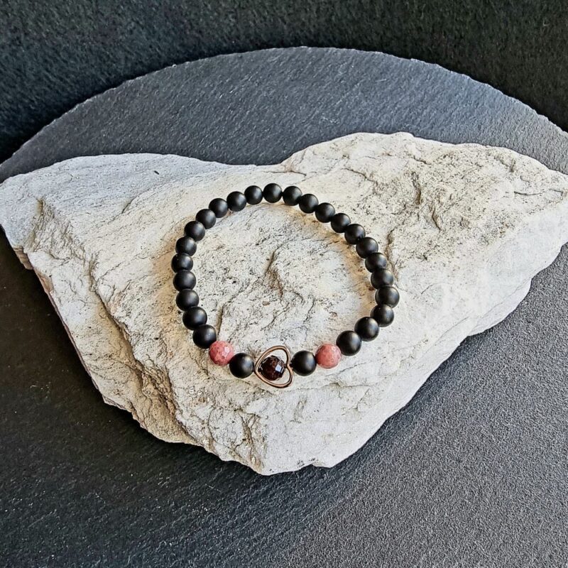 Bracelet Onyx mat avec Rhodonite facettée et Grenat facetté Brillant et cœur 925 argent rosé