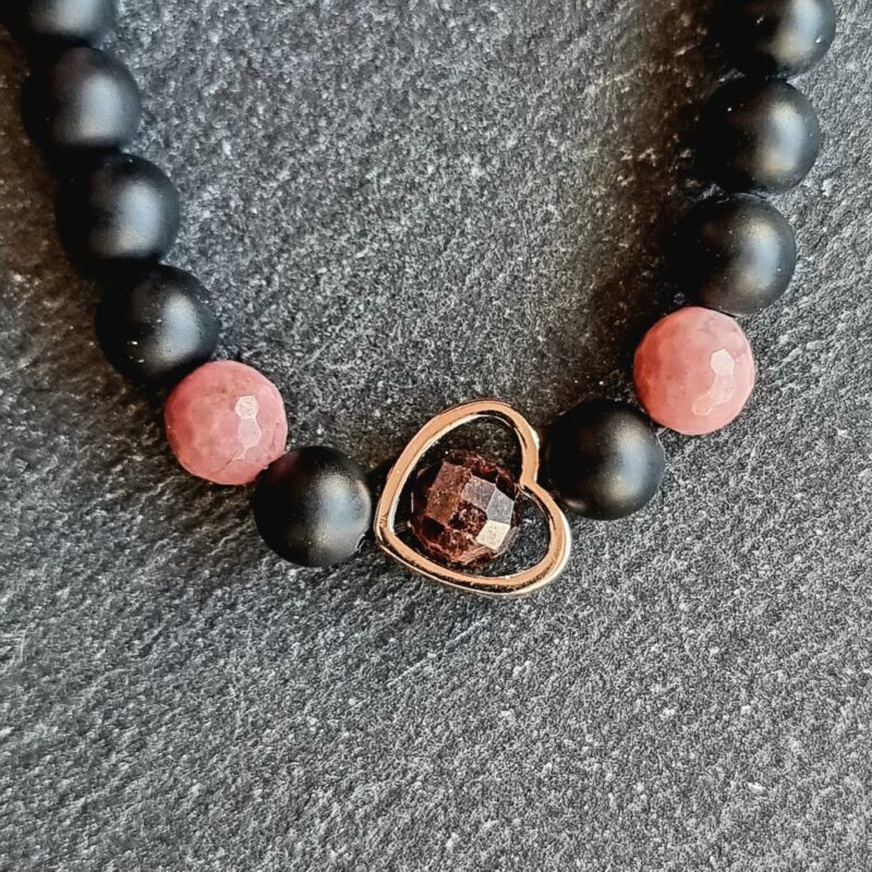 Matte Onyx bracelet with faceted Rhodonite and Brilliant faceted Garnet and 925 rose silver heart