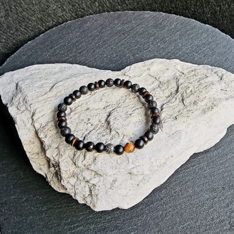 Bracelet Onyx mat avec Œil de Tigre facettée Brillant et Pierre de Lave avec perles de coco mat 925 hiboux