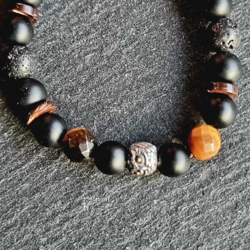 Bracelet Onyx mat avec Œil de Tigre facettée Brillant et Pierre de Lave avec perles de coco mat 925 hiboux