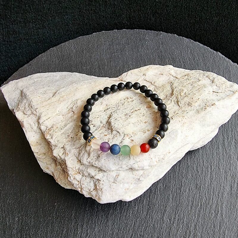 7 Chakras Bracelet Onyx matt with 925 Gold Blue