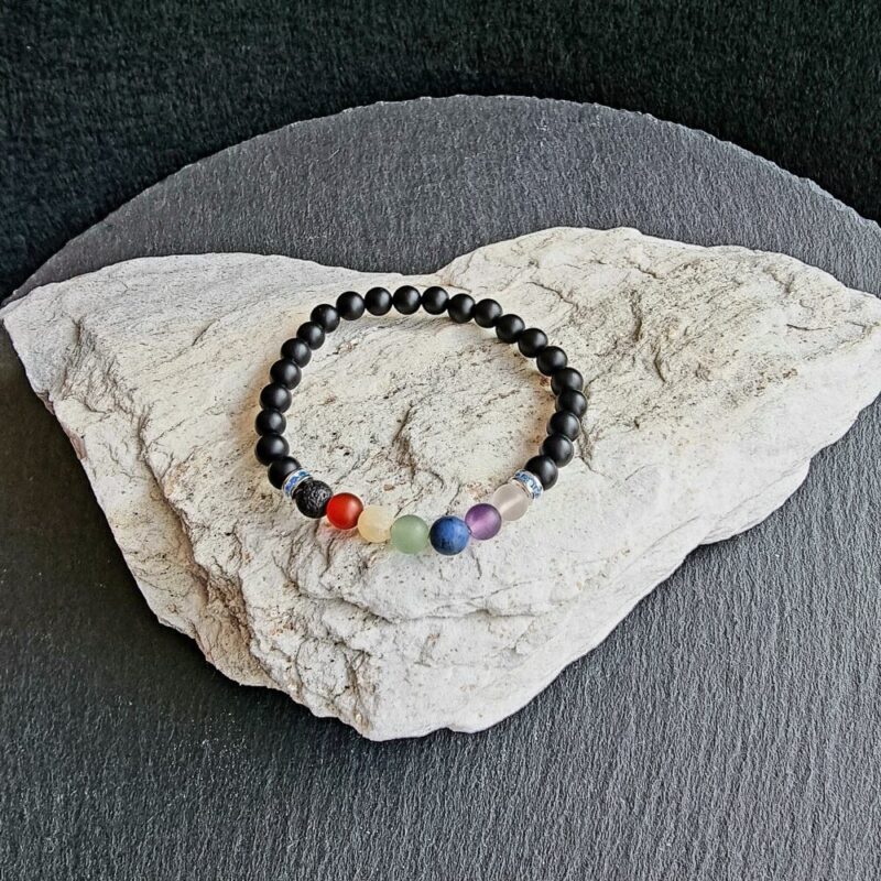 Bracelet 7 Chakras Onyx mat avec 925 Argenté Bleu