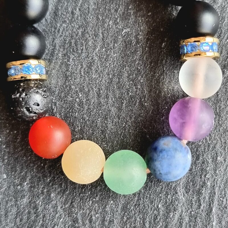 Bracelet 7 Chakras Onyx mat avec 925 Doré Bleu