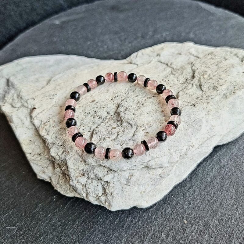 Black Brilliant Tourmaline Bracelet with Brilliant Strawberry Quartz and Coconut Wood