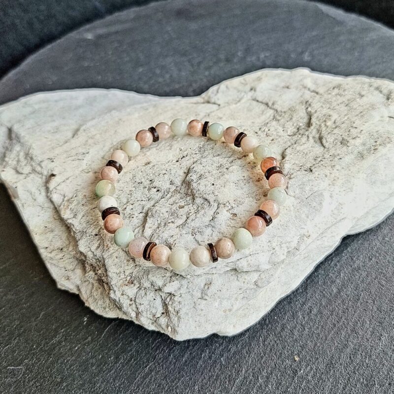 Brilliant Moonstone bracelet with Brilliant Amazonite and Matte Coconut Wood