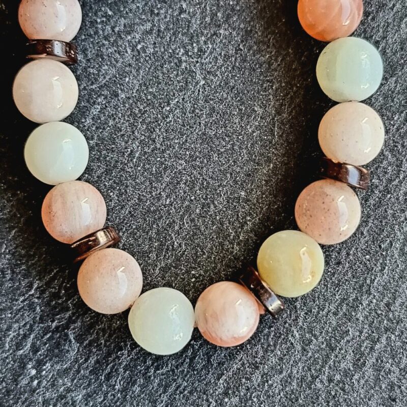 Brilliant Moonstone bracelet with Brilliant Amazonite and Matte Coconut Wood