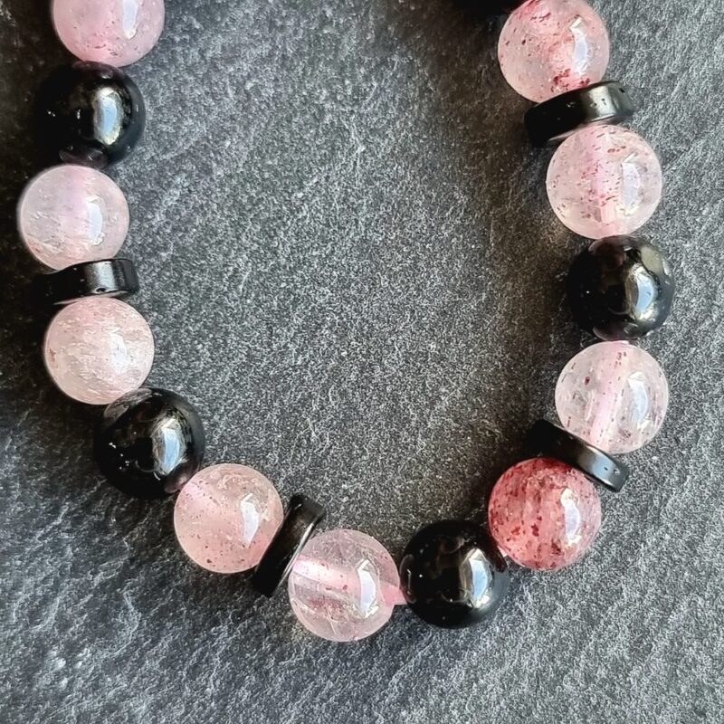 Black Brilliant Tourmaline Bracelet with Brilliant Strawberry Quartz and Coconut Wood