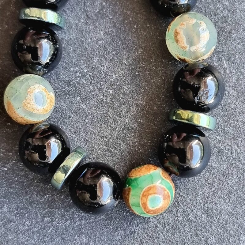 Black Tourmaline and Green Jungle Agate Bracelet with Brilliant Hematite