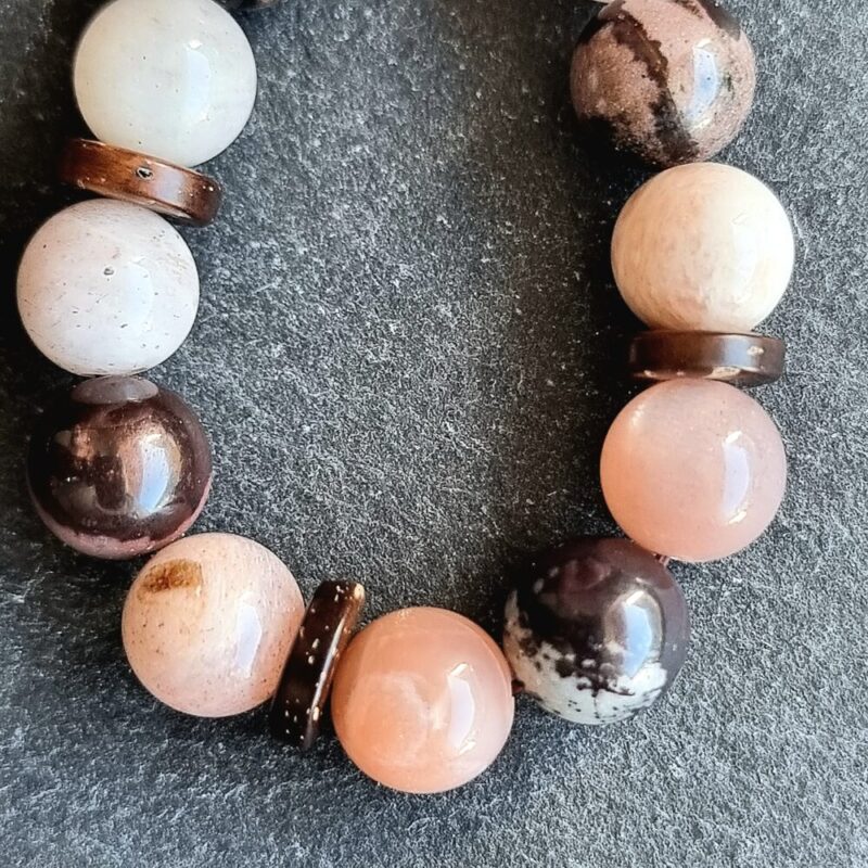 Brilliant Moonstone Bracelet with Brilliant African Autumn Jasper and Coconut Wood