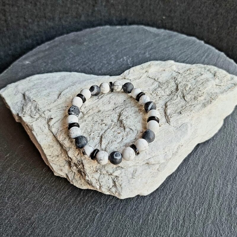 Matte Howlite bracelet with matte Zebra Marble Jasper and matte Coconut Wood