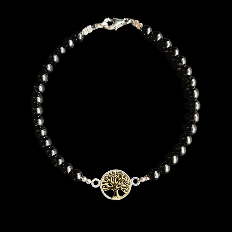 Golden Tree of Life bracelet with Shiny Black Tourmaline and 925 clasp