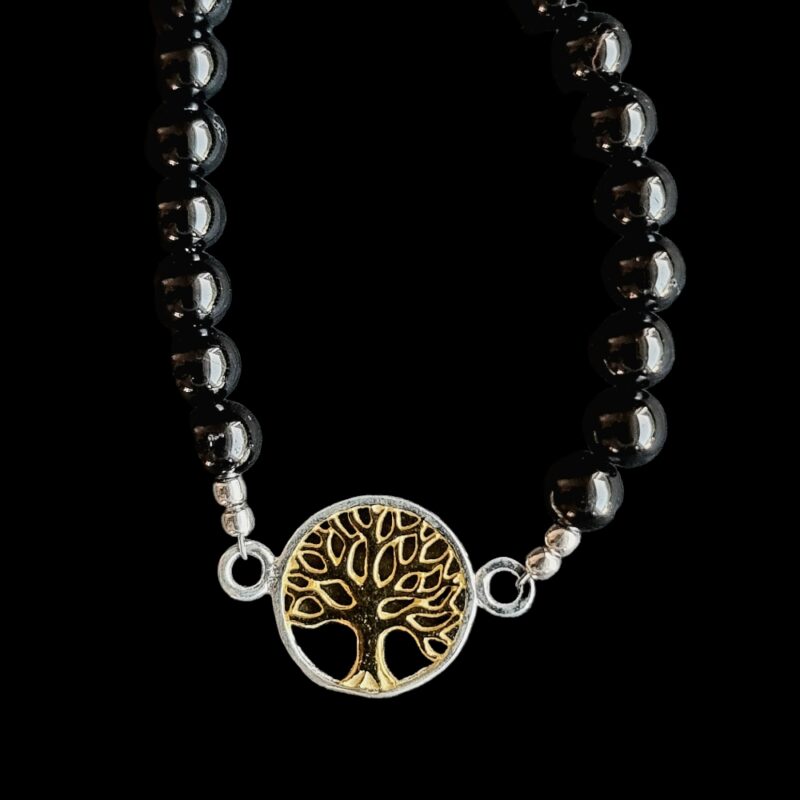 Golden Tree of Life bracelet with Shiny Black Tourmaline and 925 clasp