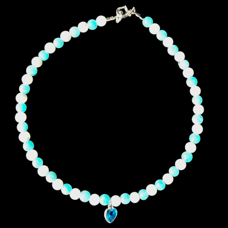 Brilliant Amazonite and Brilliant Mother-of-Pearl anklet with 925 blue heart clasp